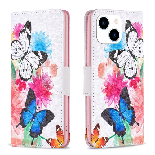 iPhone 15 Colored Drawing Pattern Leather Phone Case - Butterflies