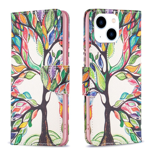 iPhone 15 Colored Drawing Pattern Leather Phone Case - Tree Life