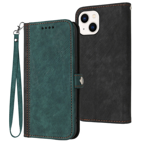 iPhone 15 Side Buckle Double Fold Hand Strap Leather Phone Case - Dark Green