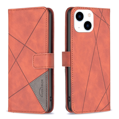 iPhone 15 Magnetic Buckle Rhombus Texture Leather Phone Case - Brown