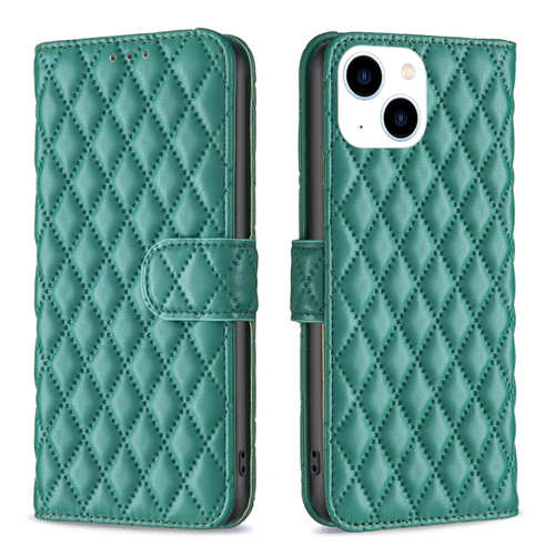 iPhone 15 Diamond Lattice Wallet Flip Leather Phone Case - Green