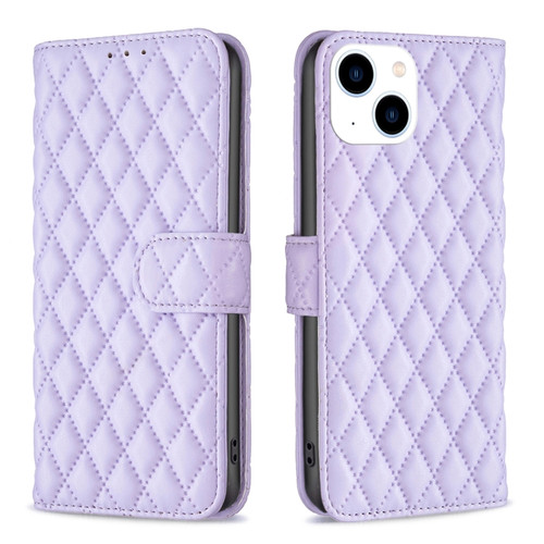 iPhone 15 Diamond Lattice Wallet Flip Leather Phone Case - Purple