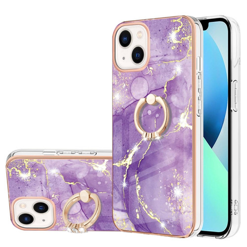 iPhone 15 Electroplating Marble Pattern IMD TPU Shockproof Case with Ring Holder - Purple 002