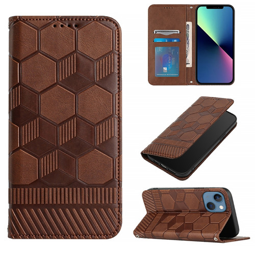 iPhone 15 Football Texture Magnetic Leather Flip Phone Case - Brown