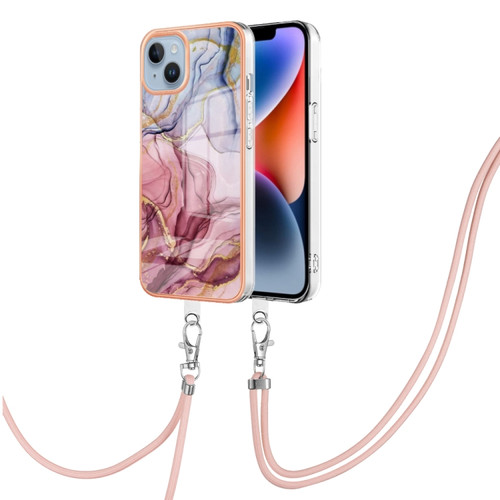 iPhone 15 Electroplating Marble Dual-side IMD Phone Case with Lanyard - Rose Red 014