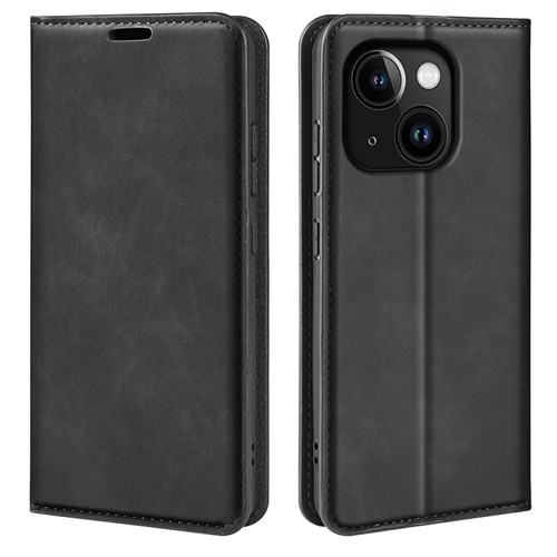 iPhone 15 Retro-skin  Magnetic Suction Leather Phone Case - Black