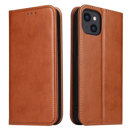 iPhone 15 Fierre Shann PU Genuine Leather Texture Phone Case - Brown