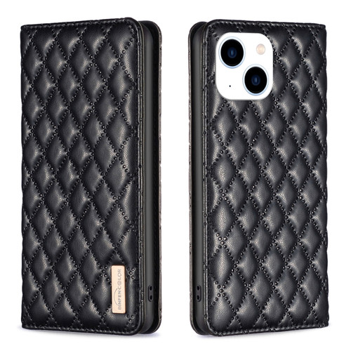 iPhone 15 Diamond Lattice Magnetic Leather Flip Phone Case - Black