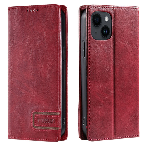 iPhone 15 TTUDRCH RFID Retro Texture Magnetic Leather Phone Case - Red