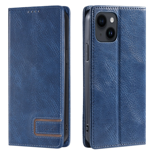 iPhone 15 TTUDRCH RFID Retro Texture Magnetic Leather Phone Case - Blue