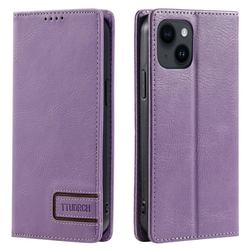 iPhone 15 TTUDRCH RFID Retro Texture Magnetic Leather Phone Case - Purple