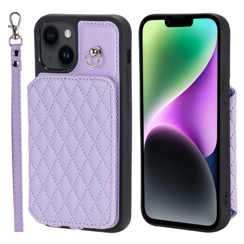 iPhone 15 Grid Texture Card Bag Phone Case with Lanyard - Purple