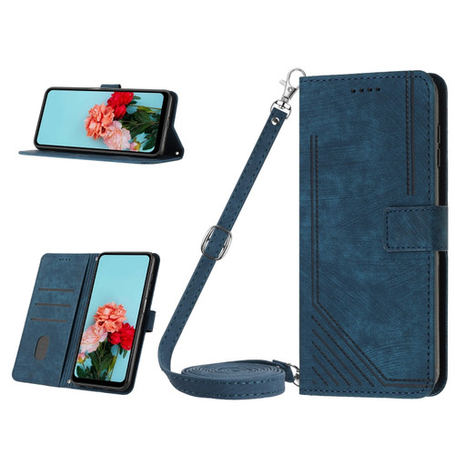 iPhone 15 Skin Feel Stripe Pattern Leather Phone Case with Lanyard - Blue