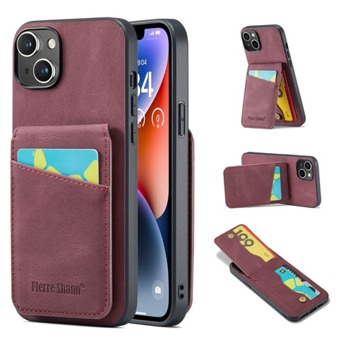 iPhone 15 Fierre Shann Crazy Horse Card Holder Back Cover PU Phone Case - Wine Red