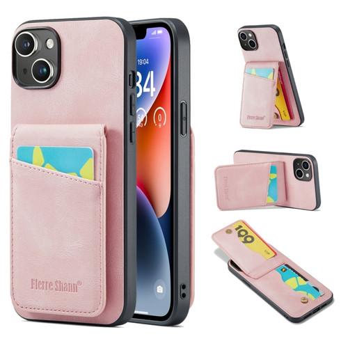 iPhone 15 Fierre Shann Crazy Horse Card Holder Back Cover PU Phone Case - Pink
