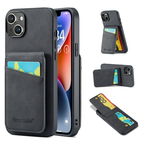 iPhone 15 Fierre Shann Crazy Horse Card Holder Back Cover PU Phone Case - Black