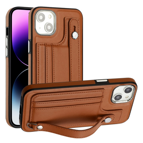 iPhone 15 Shockproof Leather Phone Case with Wrist Strap - Brown