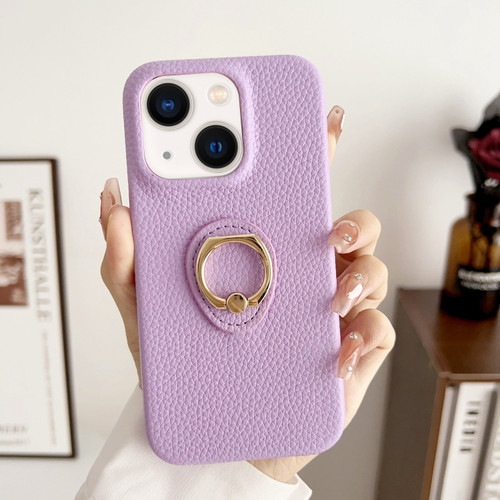 iPhone 15 Litchi Texture Ring Holder Shockproof Phone Case - Purple