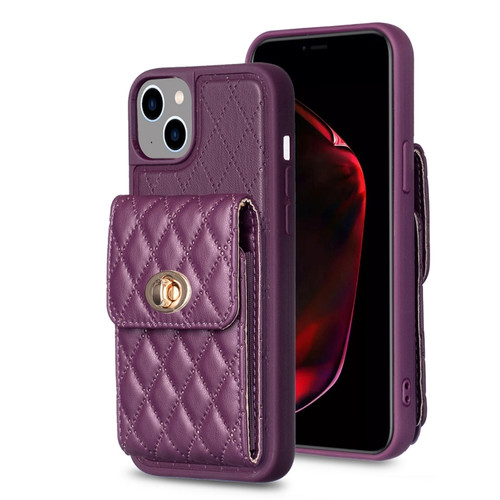 iPhone 15 Vertical Wallet Rhombic Leather Phone Case - Dark Purple