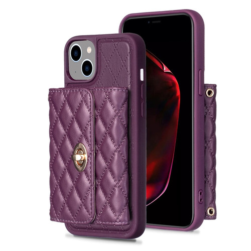 iPhone 15 Horizontal Wallet Rhombic Leather Phone Case - Dark Purple