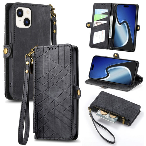 iPhone 15 Geometric Zipper Wallet Side Buckle Leather Phone Case - Black
