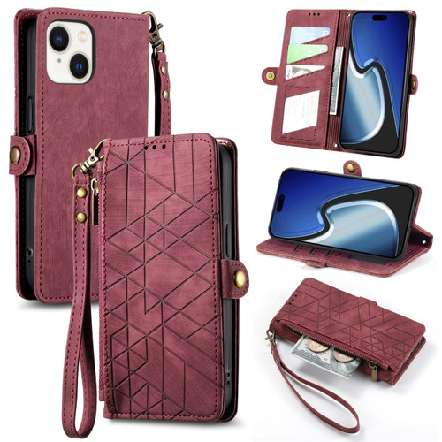 iPhone 15 Geometric Zipper Wallet Side Buckle Leather Phone Case - Red