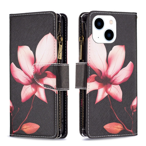 iPhone 15 Colored Drawing Pattern Zipper Phone Leather Case - Lotus