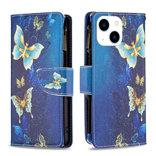 iPhone 15 Colored Drawing Pattern Zipper Phone Leather Case - Gold Butterfly