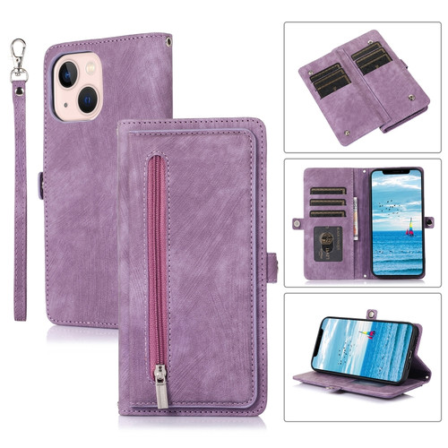iPhone 15 Zipper Card Slot Buckle Wallet Leather Phone Case - Purple