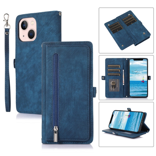 iPhone 15 Zipper Card Slot Buckle Wallet Leather Phone Case - Blue