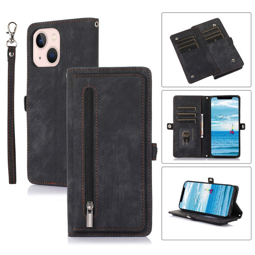 iPhone 15 Zipper Card Slot Buckle Wallet Leather Phone Case - Black