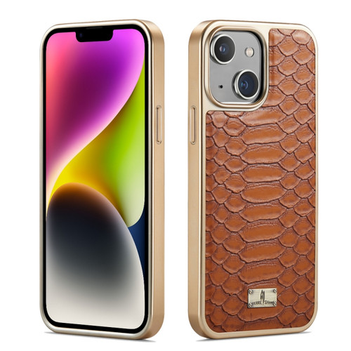 iPhone 15 Fierre Shann Python Texture Electroplating PU Phone Case - Brown