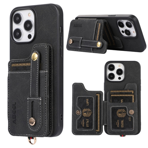 iPhone 15 ABEEL Litchi Texture Card Bag PU Phone Case - Black