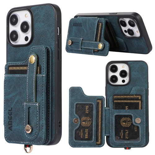 iPhone 15 ABEEL Litchi Texture Card Bag PU Phone Case - Blue