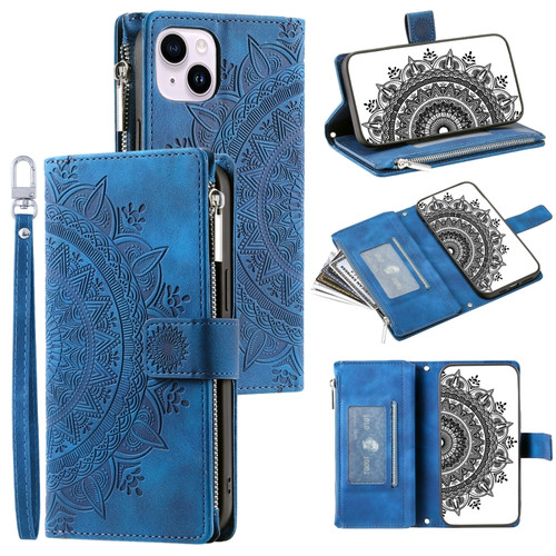 iPhone 15 Multi-Card Totem Zipper Leather Phone Case - Blue