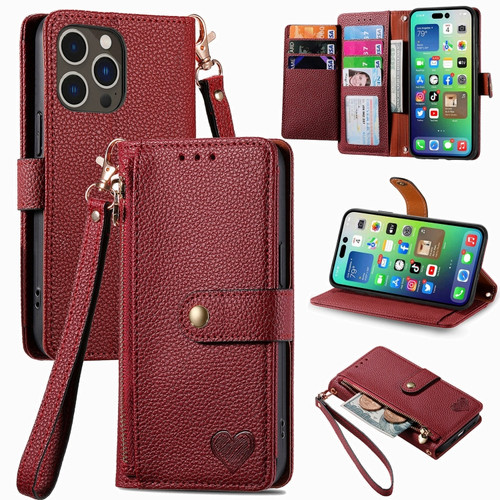 iPhone 15 Love Zipper Lanyard Leather Phone Case - Red