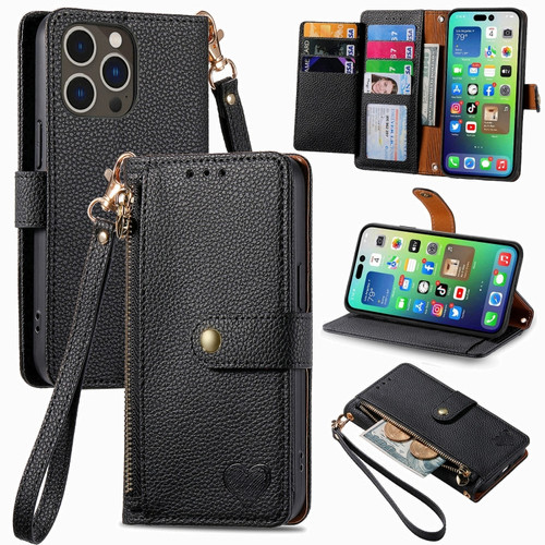 iPhone 15 Love Zipper Lanyard Leather Phone Case - Black