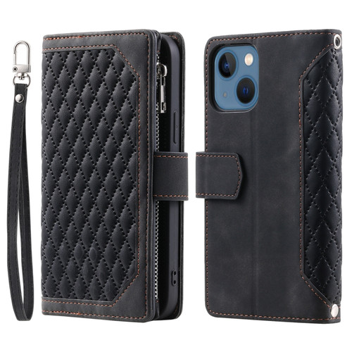 iPhone 15 Grid Texture Zipper Leather Phone Case with Lanyard - Black