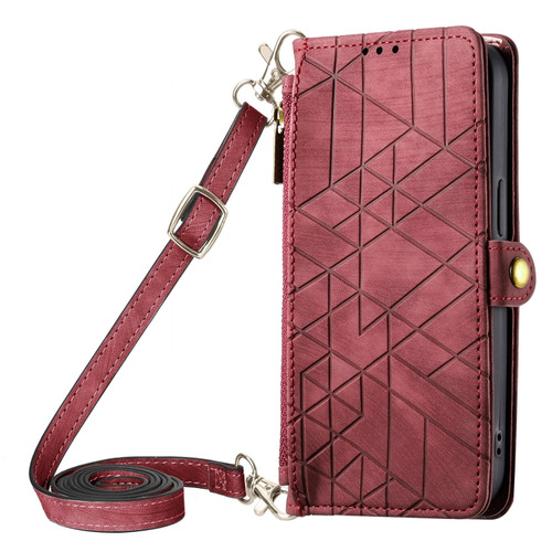 iPhone 15 Geometric Zipper Wallet Side Buckle Leather Phone Case with Crossbody Lanyard - Red