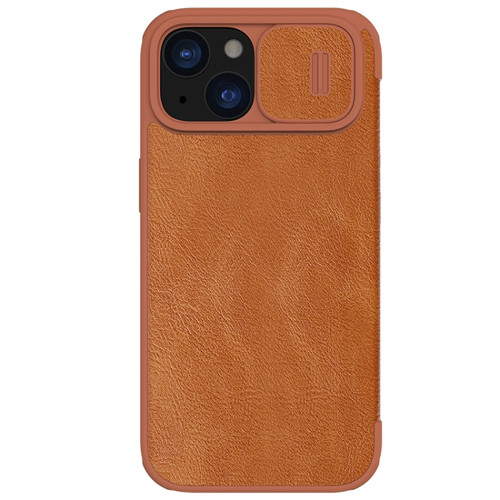 iPhone 15 NILLKIN QIN Series Pro Sliding Camera Cover Design Leather Phone Case - Brown