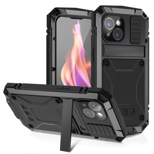 iPhone 15 R-JUST Shockproof Life Waterproof Dust-proof Metal + Silicone Phone Case with Holder - Black