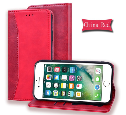 iPhone 7 / 8 / SE - 2020 Business Stitching Horizontal Flip Leather Case with Double Folding & Bracket & Card Slots & Photo Frame & Wallet - Red