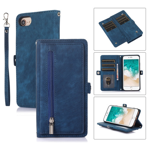 iPhone 8 / 7 / SE 2020 2022 Zipper Card Slot Buckle Wallet Leather Phone Case - Blue