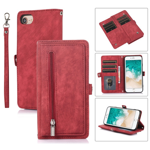 iPhone 8 / 7 / SE 2020 2022 Zipper Card Slot Buckle Wallet Leather Phone Case - Red