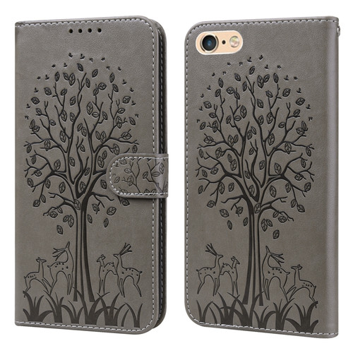 iPhone SE 2022 / 7 / 8 / SE 2020 Tree & Deer Pattern Pressed Printing Horizontal Flip Leather Phone Case - Grey