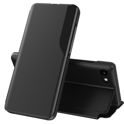 iPhone SE 2022 / SE 2020 / 8 / 7 / 6 & 6s Side Display Magnetic Shockproof Horizontal Flip Leather Case with Holder - Black