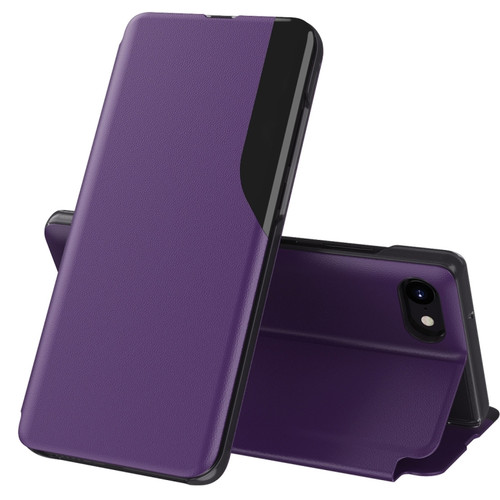 iPhone SE 2022 / SE 2020 / 8 / 7 / 6 & 6s Side Display Magnetic Shockproof Horizontal Flip Leather Case with Holder - Purple