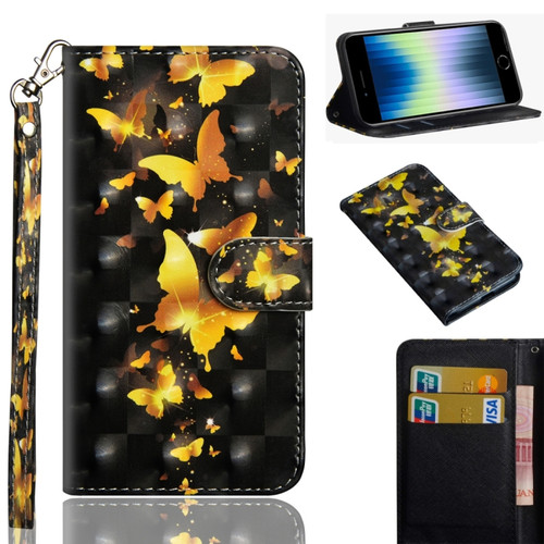 iPhone SE 2022 / SE 2020 / 8 / 7 3D Painting Pattern Horizontal Flip TPU + PU Leather Case with Holder & Card Slots & Wallet & Lanyard - Golden Butterfly