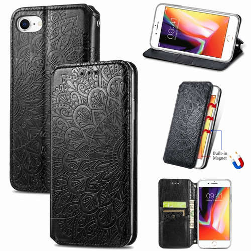 iPhone SE 2022 / SE 2020 / 8 / 7 Blooming Mandala Embossed Pattern Magnetic Horizontal Flip Leather Case with Holder & Card Slots & Wallet - Black