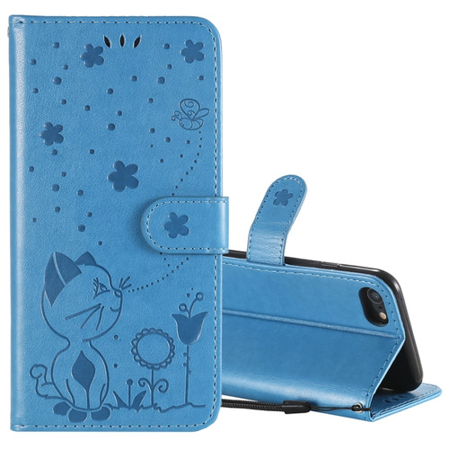 iPhone SE 2022 / SE 2020 / 8 / 7 Cat Bee Embossing Pattern Shockproof Horizontal Flip Leather Case with Holder & Card Slots & Wallet - Blue